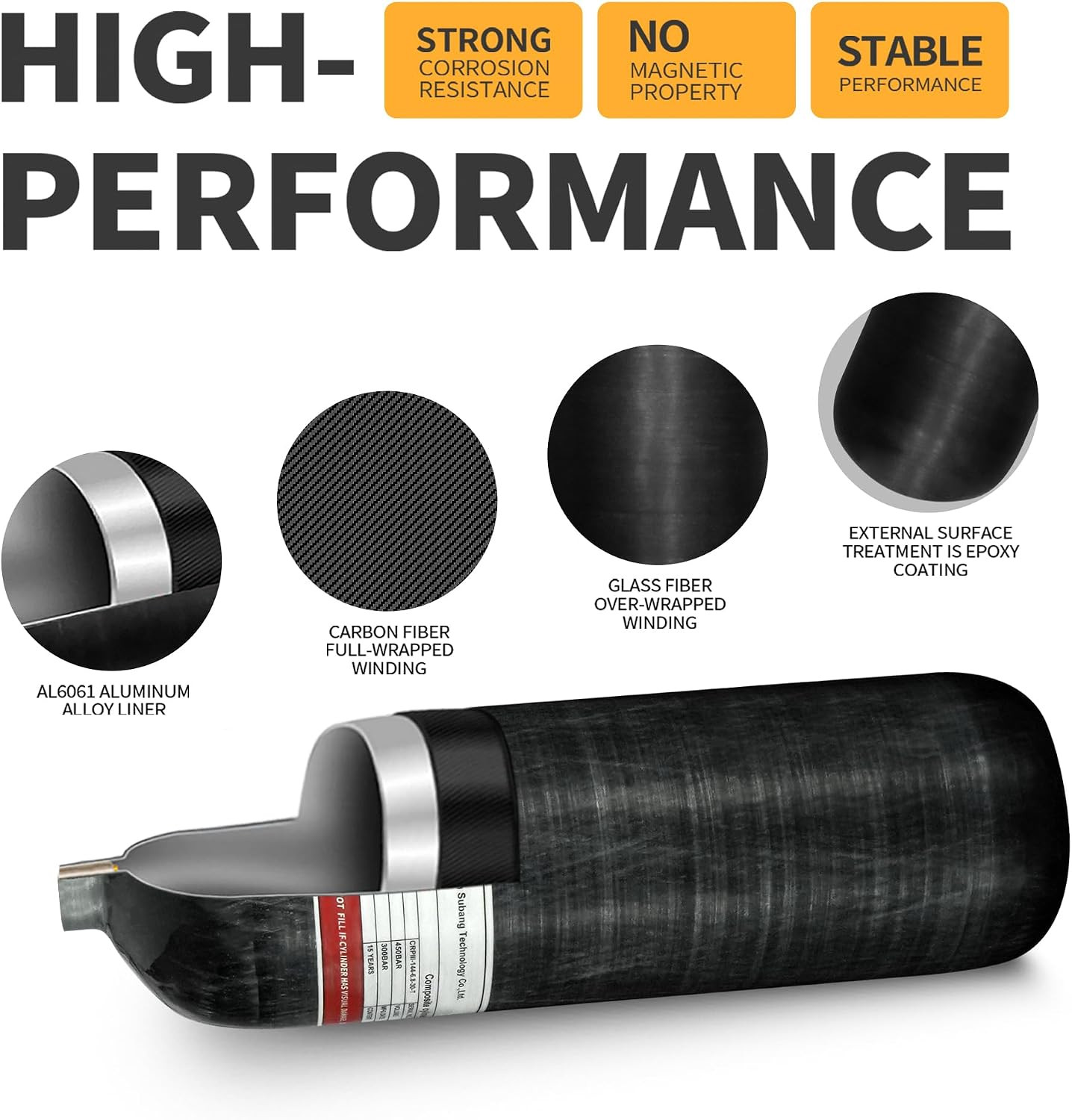 4500Psi Carbon Fiber Scuba Tank(Not DOT)6.8L 414Cu in 6800CC High Pressure Compo