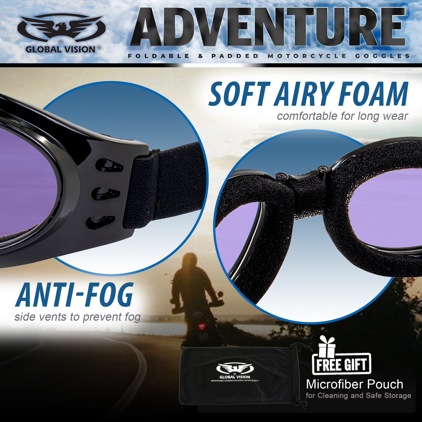 Adventure Foldable Goggles Black Frame Purple Tint Lenses