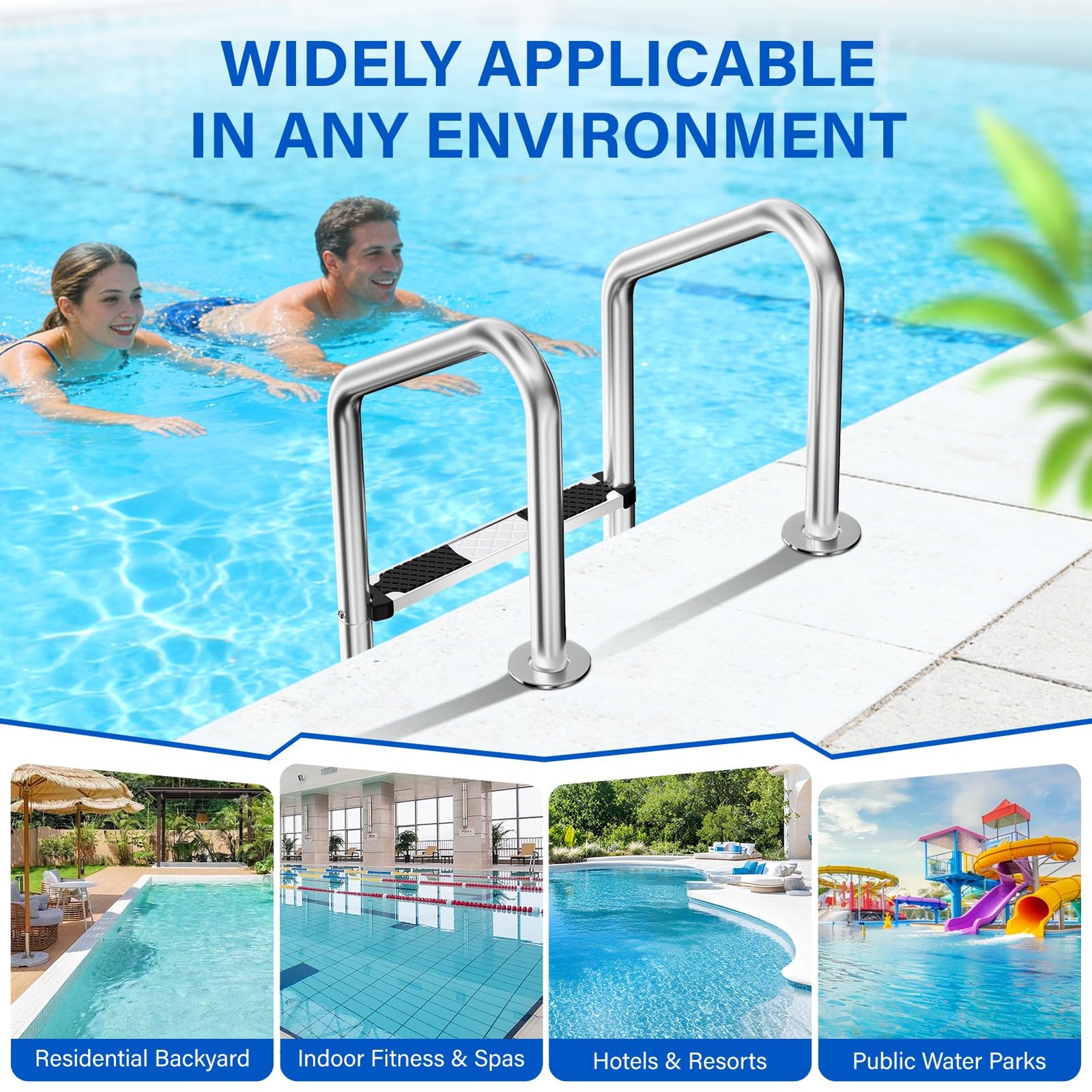 Swimming Pool Ladder 3-Step 304 Stainless Steel Non-Slip Rubber Pads Supports