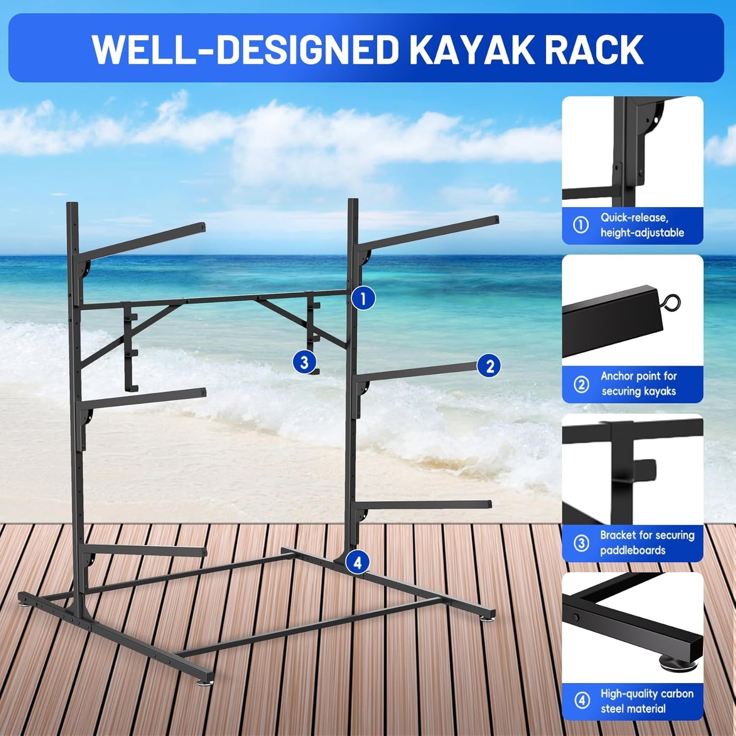 4-Tier Freestanding Kayak Storage Rack for 4 Kayaks 320lbs Capacity Outdoor Use
