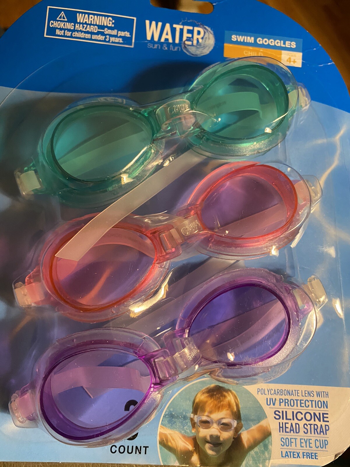 Water Sun & Fun Swim Goggles Child Size 4+. 3 Count Latex Free New!