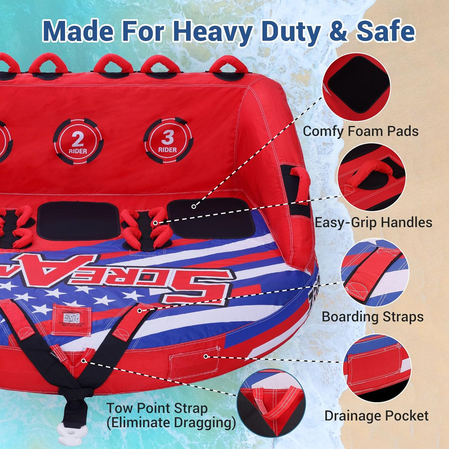 Towable Tubes for Boating 2-3 Person, Front/Back Tow Points Sofa Style Boat Tube
