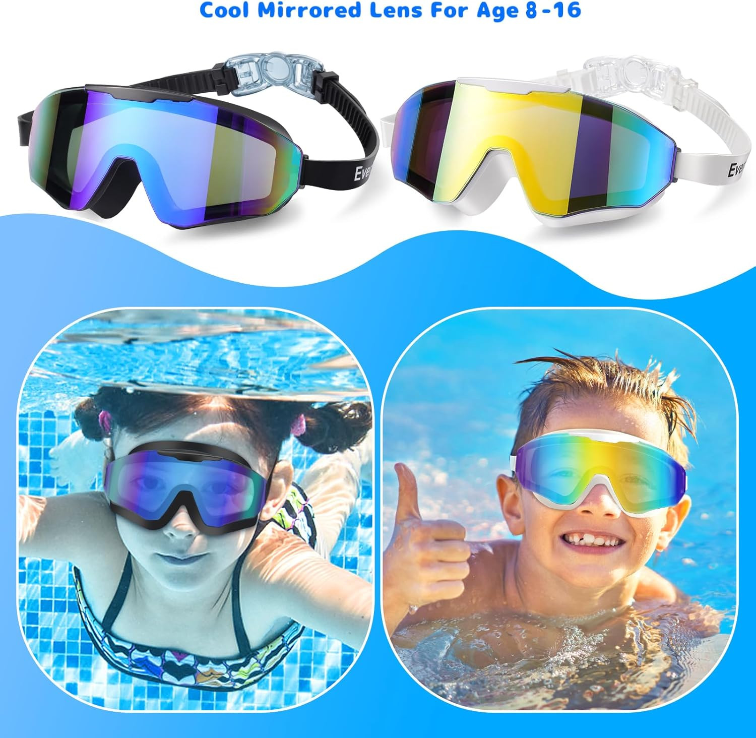 2 Pack Kids Swim Goggles Age 8-16 Extra Silicone Layer, Swimming Goggles for Kid