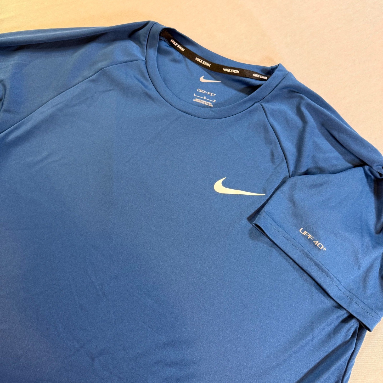 Nike Swim Rash Guard Mens L Blue UPF 40+ Dri-FIT Short Sleeve Shirt Beach Vaca
