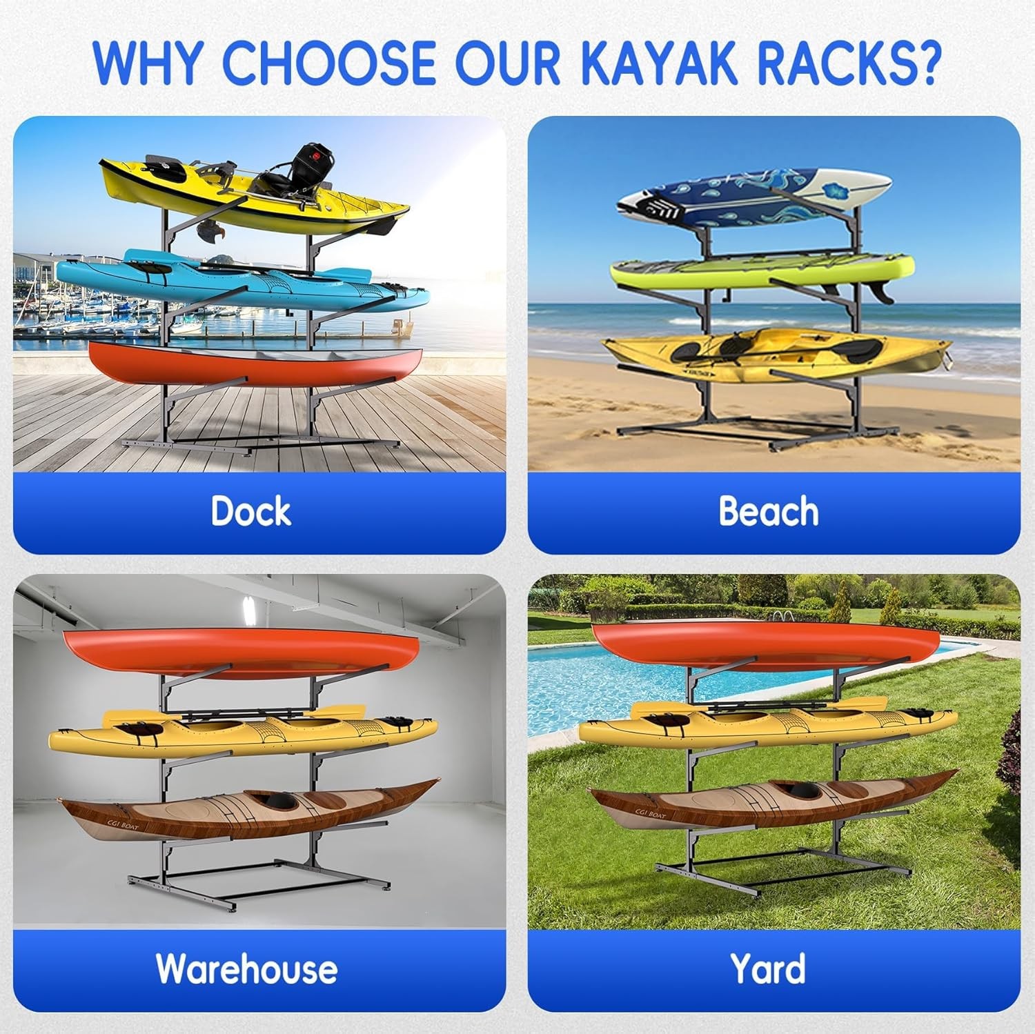 4-Tier Freestanding Kayak Storage Rack for 4 Kayaks 320lbs Capacity Outdoor Use