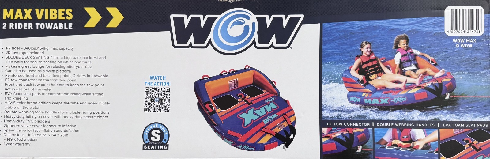 WOW Sports Max Vibes Towable 1-2 Person with Rope Tube Float for Boating