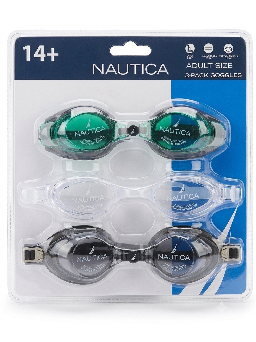 NAUTICA ADULT SIZE 3 PACK GOGGLES, LATEX FREE, PVC STRAP, POLYCARBONATE LENS