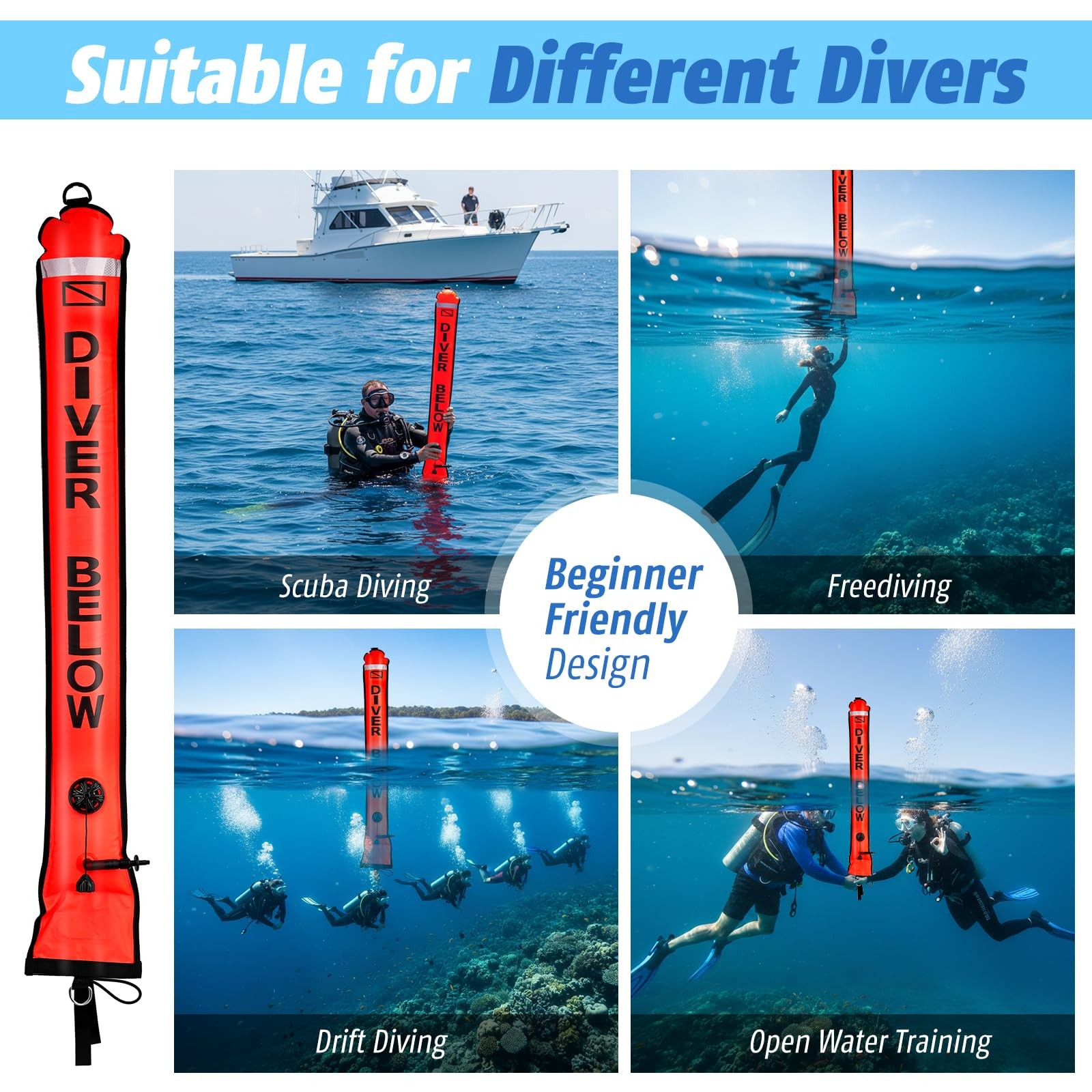 Scuba Diving SMB Kit, 4FT DSMB Surface Marker Buoy, 49ft Finger Spool Reel+Bo…