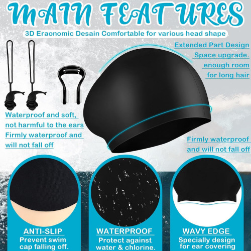 3 Piece Black Swim Accessories Set, Swim Nose Clip Water Ear Plugs with String