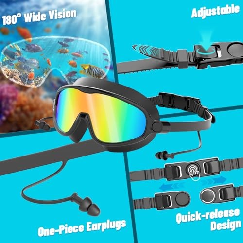 Swim Goggles 2 Pack, Wide View No 3-black/Silver Mirrored & Rainbow Lens