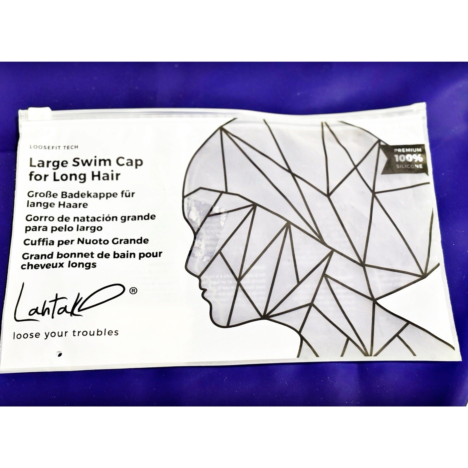 LAHTAK Swim Cap Extra Large 100% Silicone Long Hair Blue Purple w Pouch