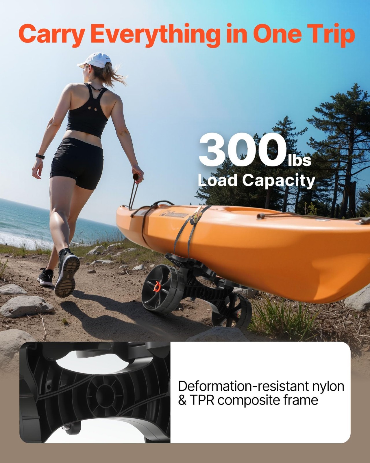 Foldable Kayak Cart 300 lbs Capacity, Trolley with 10″ Rubber Tires & Strap, Can