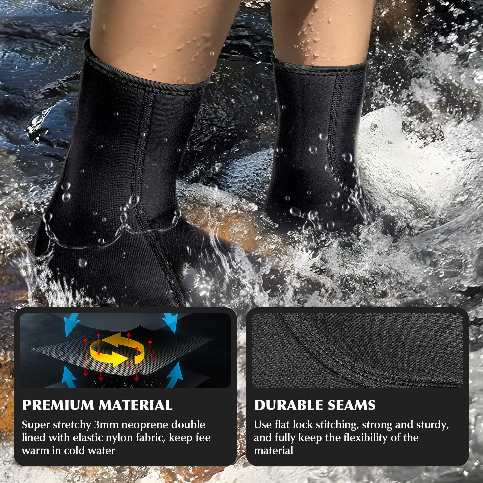 Yakevo Neoprene Socks, Water Socks 3 mm Diving Booties X-Large, Black