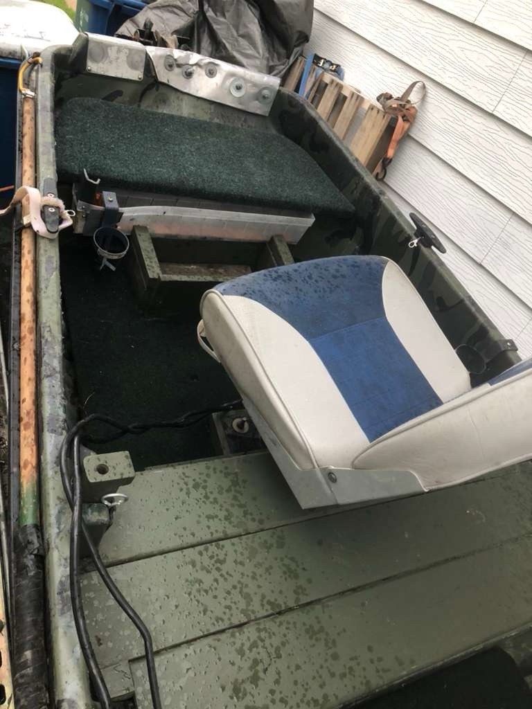 Excellent 12 Ft Army Green Jon Boat, Motors and Trailer
