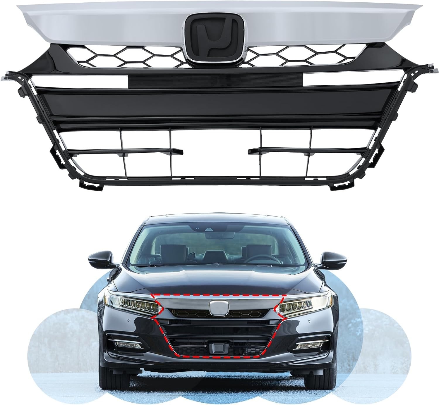Front Upper & Bumper Grille Grill Chrome/Black For 2018 2019 2020 Honda Accord