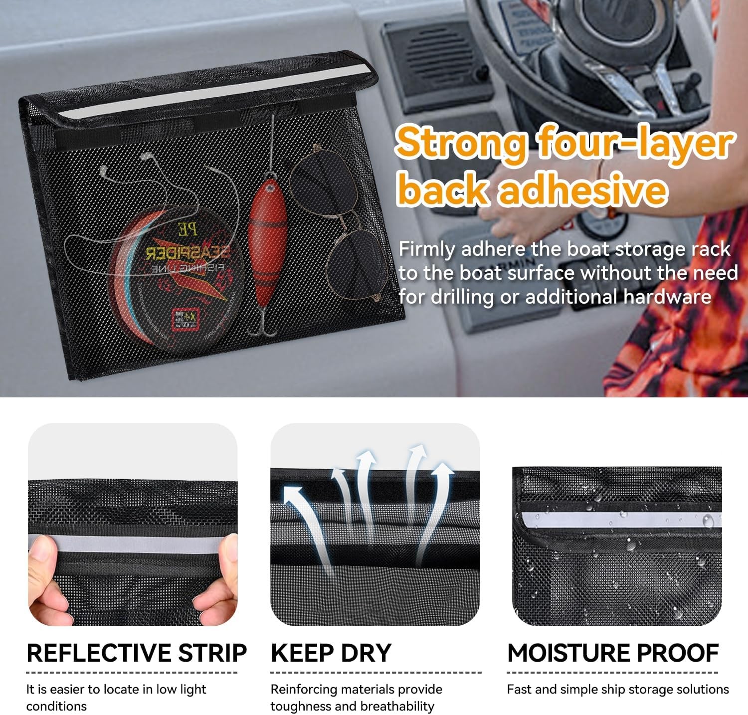 Boat Storage Bag Boat Storage Caddy Organizer Reflective Leak-Proof Mesh Bag W/