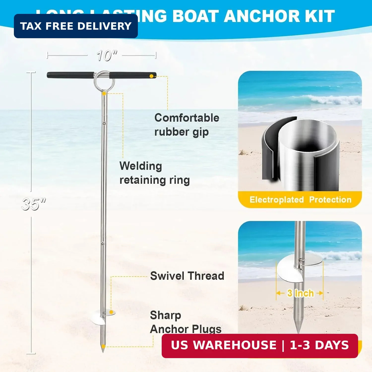 Sand Anchor for Boat, Stainless Steel Shallow Water Anchor, 35″ Boat Sand Anchor