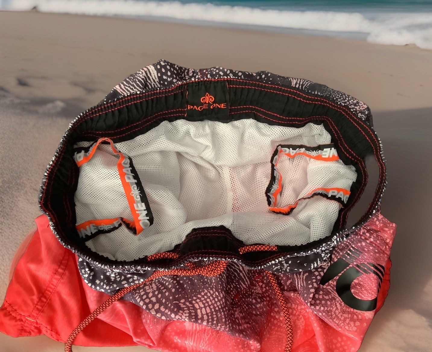 PAGE ONE Mens Size L Swim Trunks Beach Board Shorts Neon Orange Design