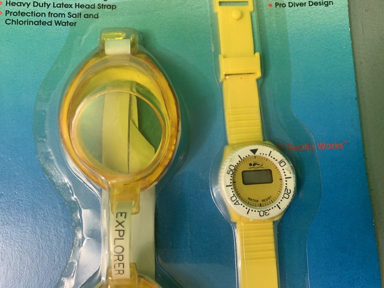 Aqua Explorer Swimming Goggles & Water Resistant Watch Vintage 1980’s NEW Yellow