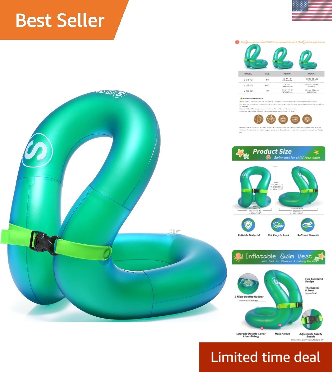 Inflatable Swim Vest for Teens & Adults – Lightweight Buoyancy Aid in Green-l