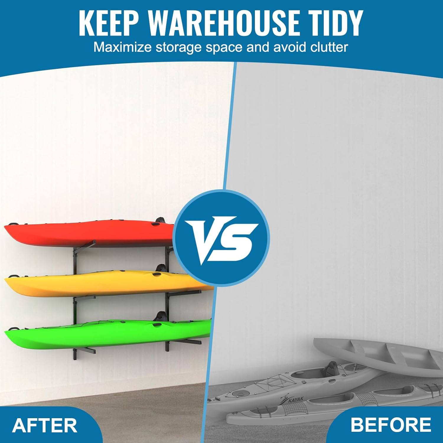Adjustable 3-Tier Kayak Wall Mount Rack – Holds 300 lbs for Indoor/Outdoor Use