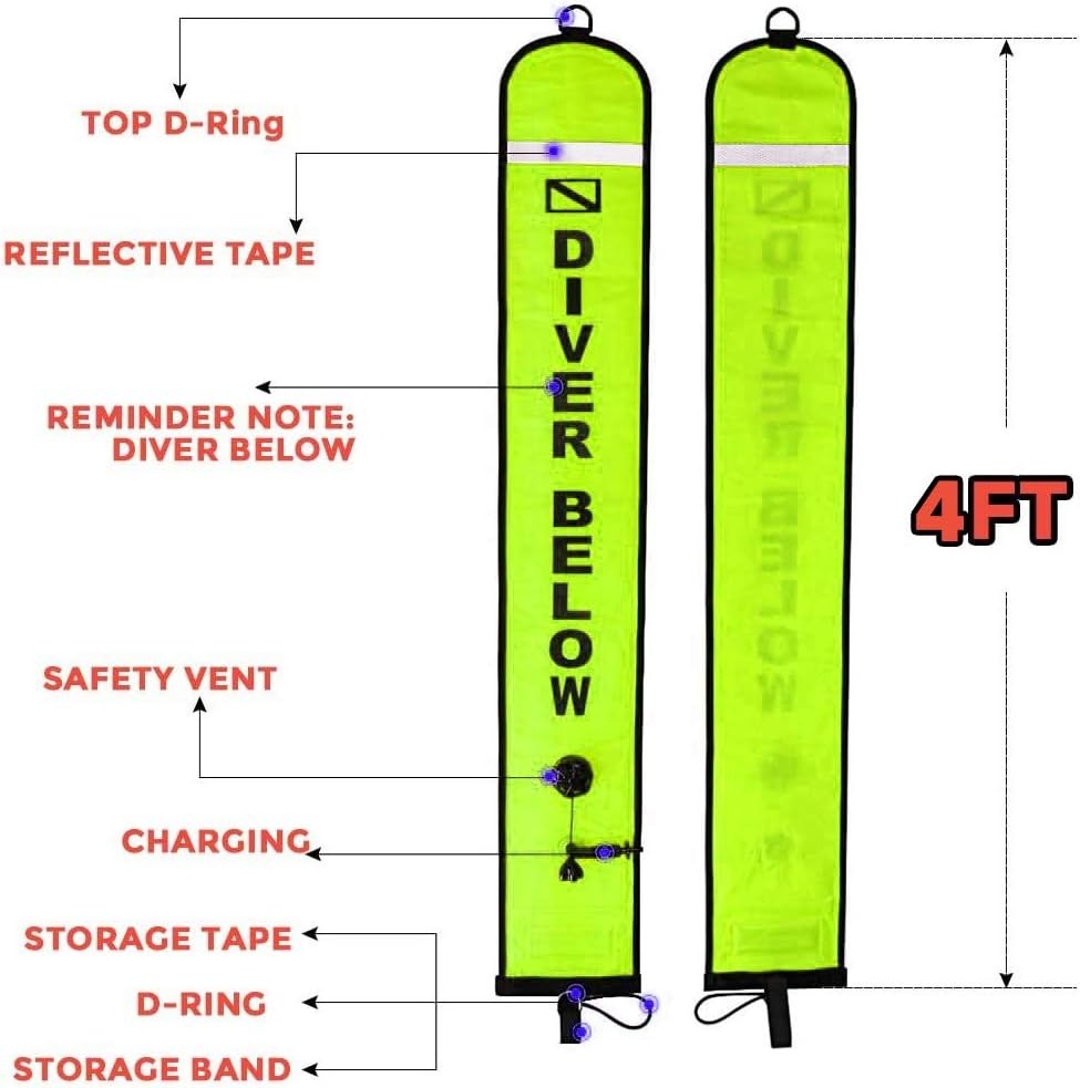 4ft Yellow Scuba Diving SMB, Open Bottom Surface Marker Buoy with Safety Sausage