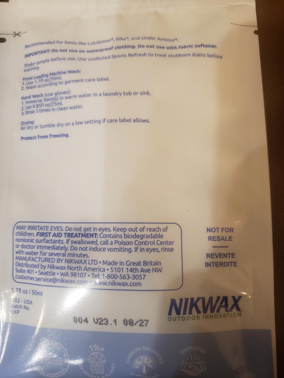 Lot of 2 100 ml pouch of NIKWAX DEODORIZING Sports REFRESH Clothing Activewear