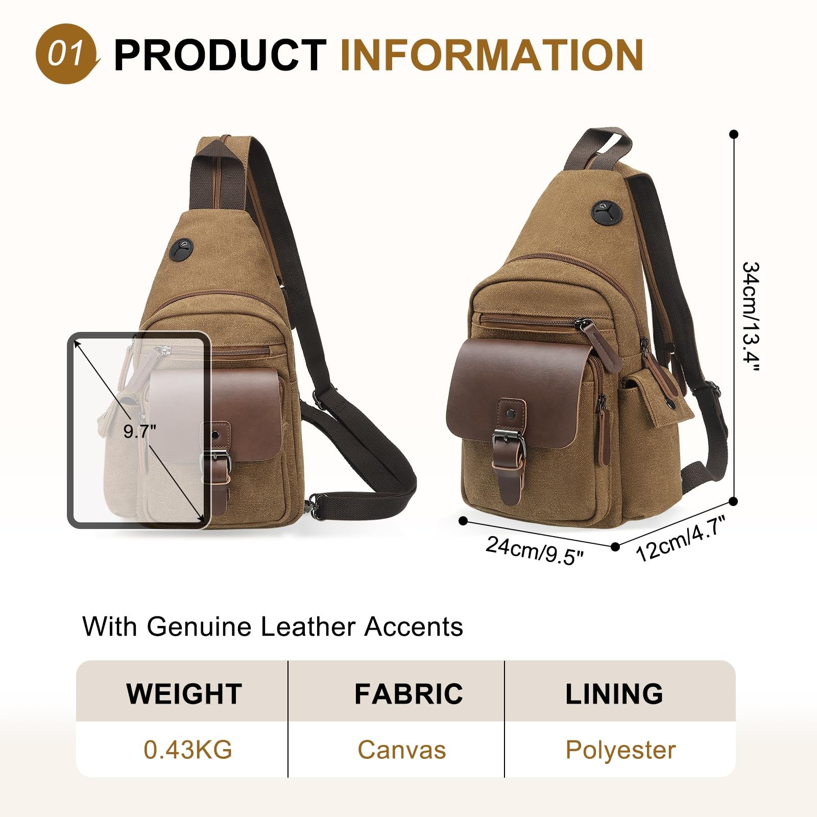 SUIKIHUM Canvas Sling Bag for Women 9.5×13.4×4.7 inches/24x12x34 cm, Coffee