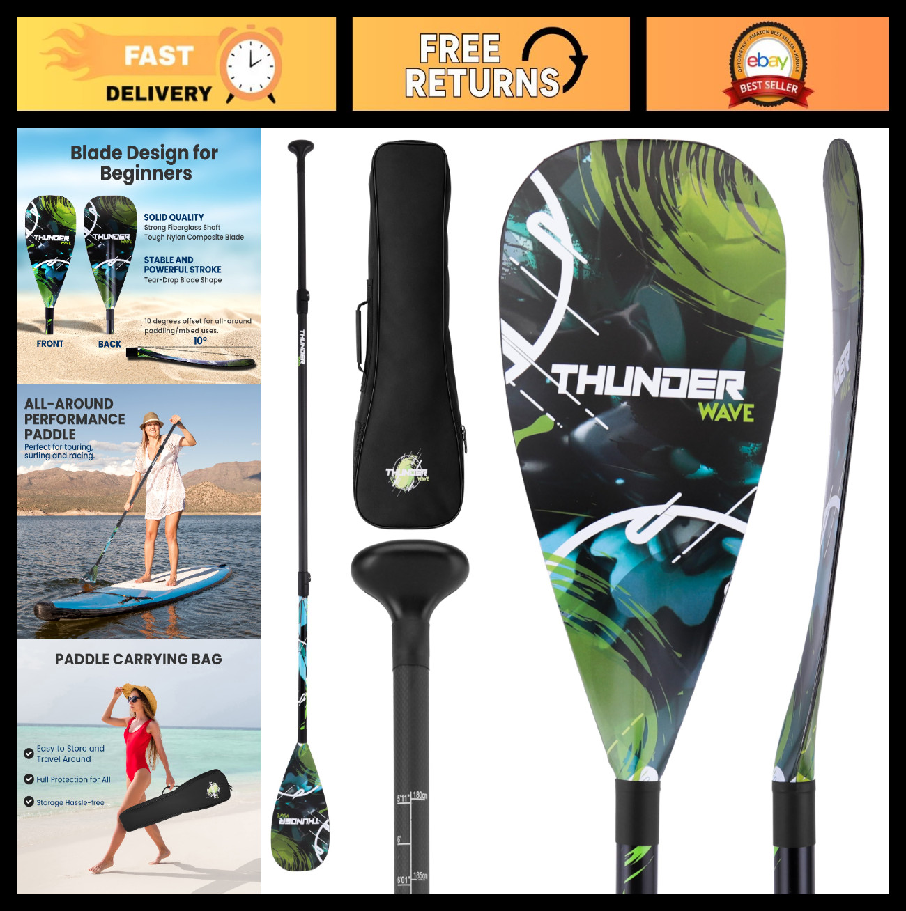 Adjustable Carbon Fiber SUP Paddle | Lightweight 3-Piece Paddle Board Paddle | T