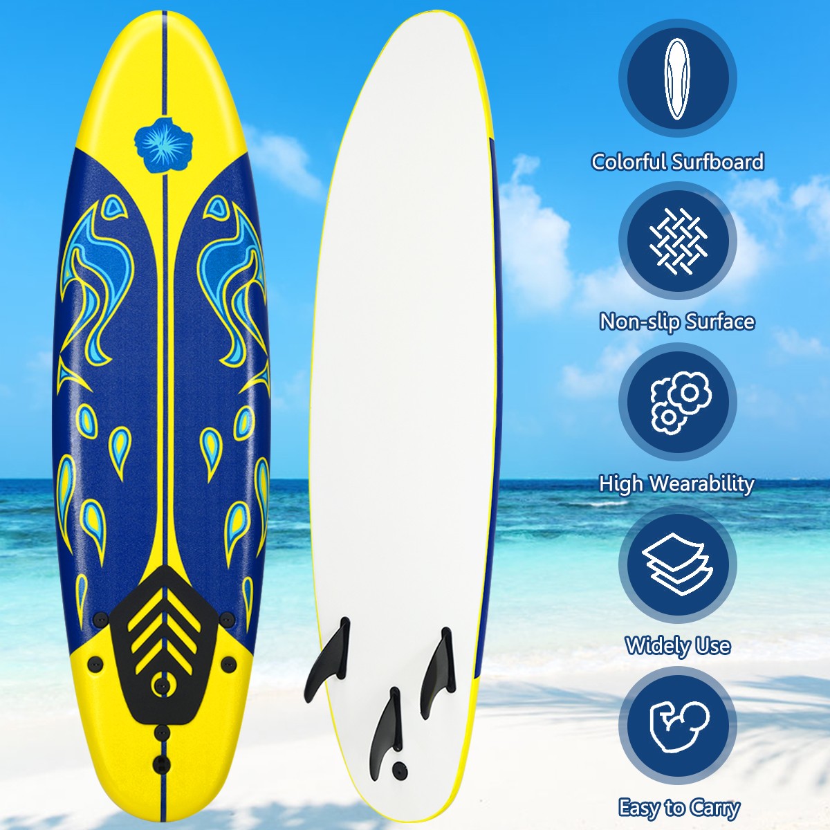 6′ Surfboard Foamie Body Surfing Board W/3 Fins & Leash for Kids Adults Yellow