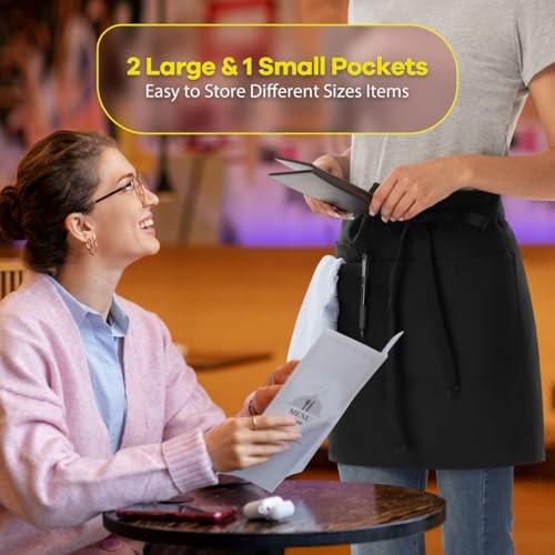 Server Apron with 3 Pockets 18 Inch Long Waiter Waitress Bistro 1 Pack Black