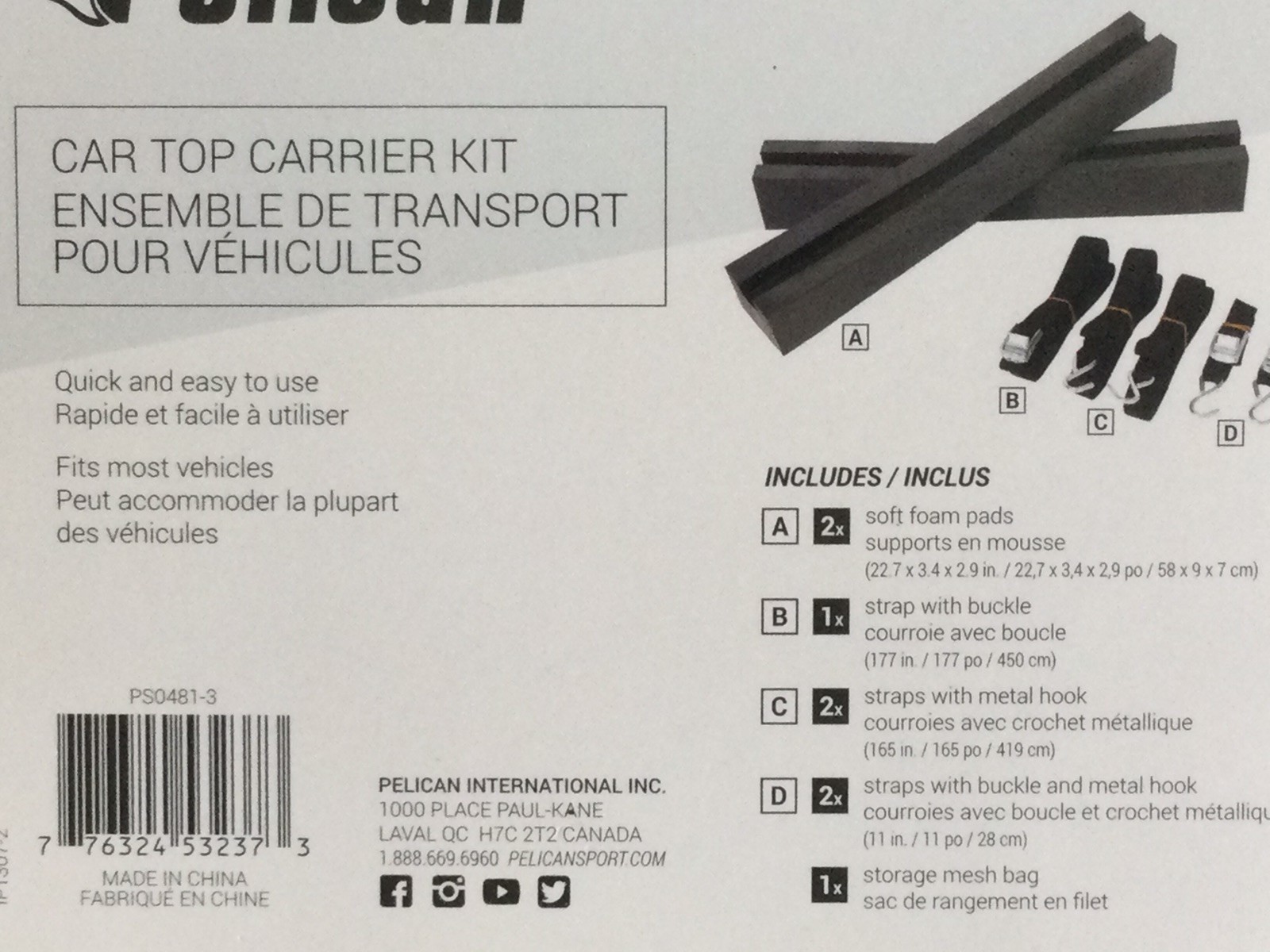 PELICAN Universal Car Roof Top Carrier Kit w/straps & bag Kayak Canoe SUP NEW