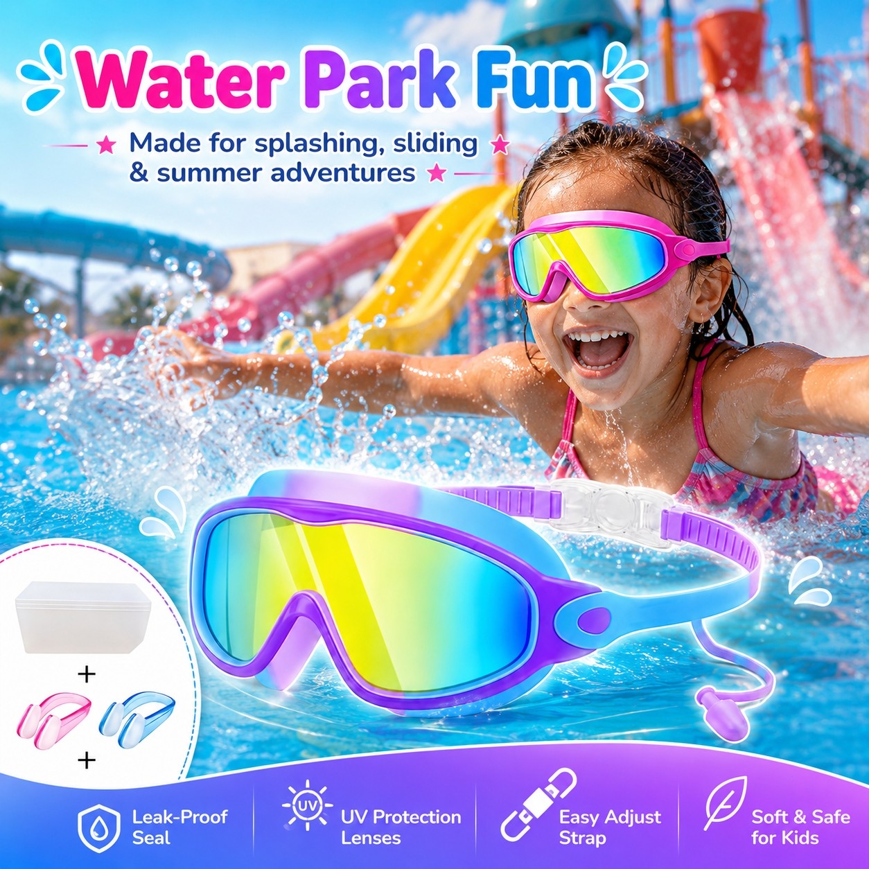 4 Pack Children’s Swimming Goggles,With Nose Clip & Earplug,3-14 Years Boy/Girl