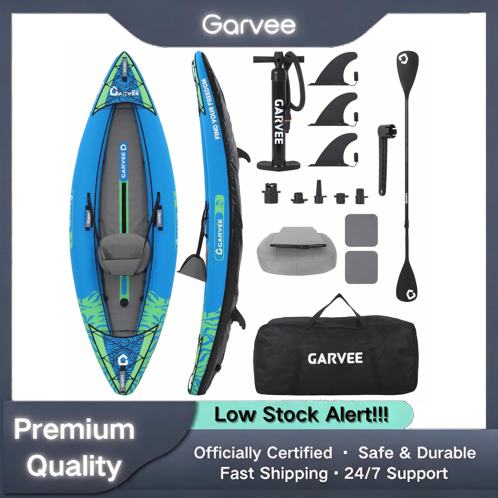One Person Inflatable Kayak Fishing Padded Seat 3 Fins Pump Repair Kit Carry Bag