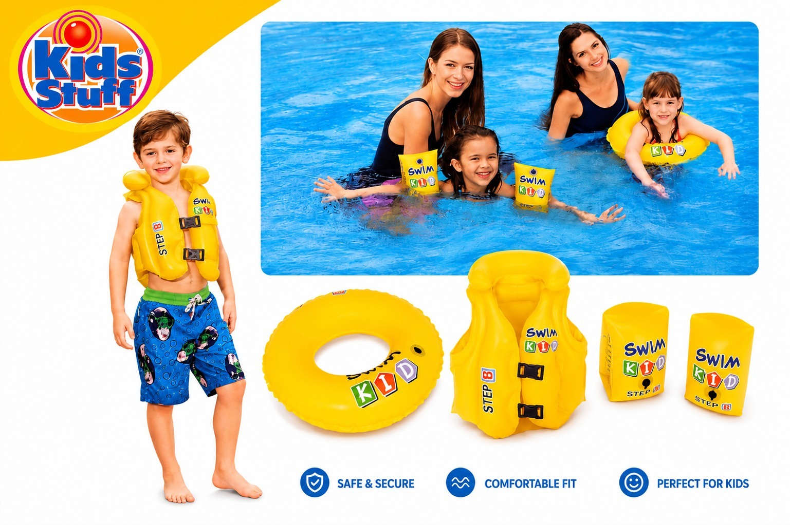 Kids Swim Learning Set 4Pc Inflatable Swim Vest Ring Arm Floaties Pool Safety