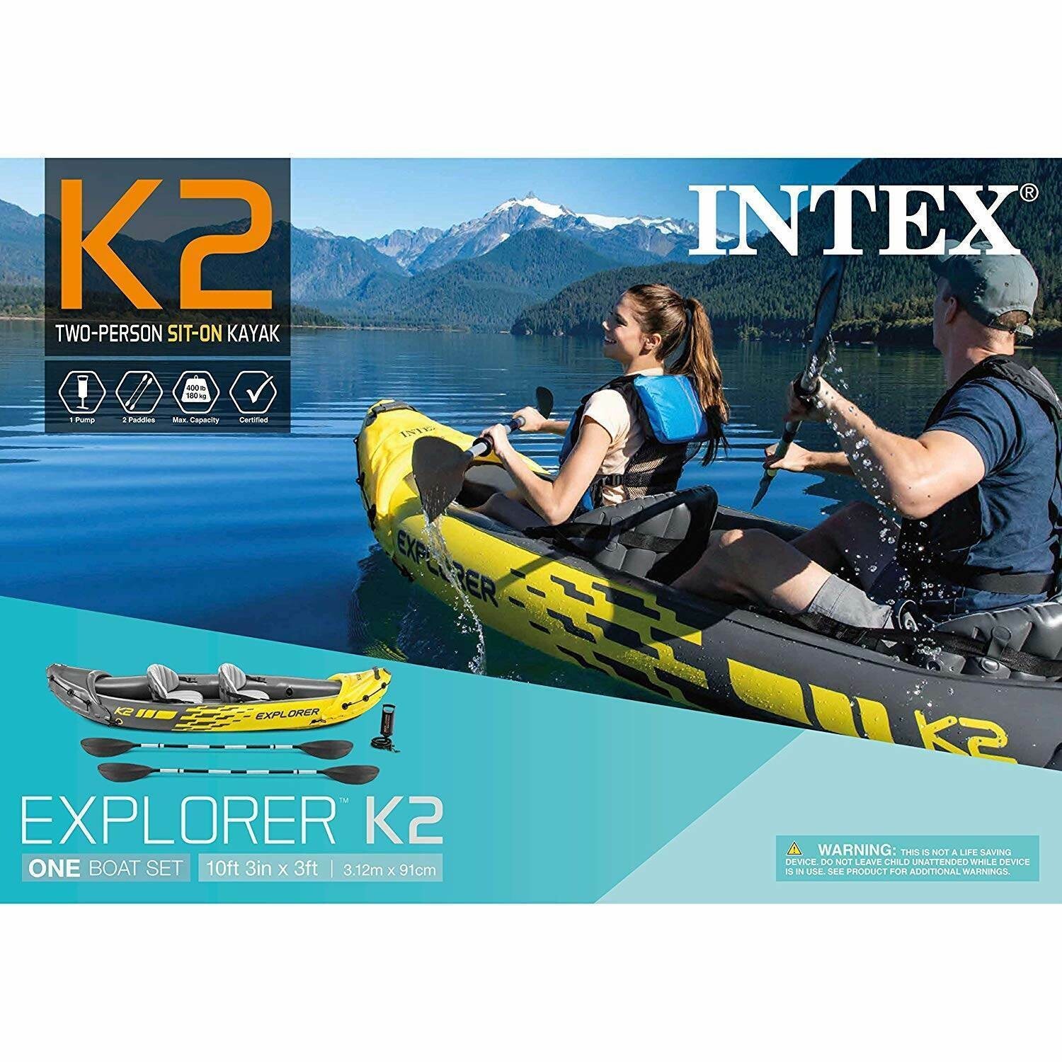 Intex Explorer K2 2-Person Inflatable Kayak Set with Oars and Air Pump, Yellow