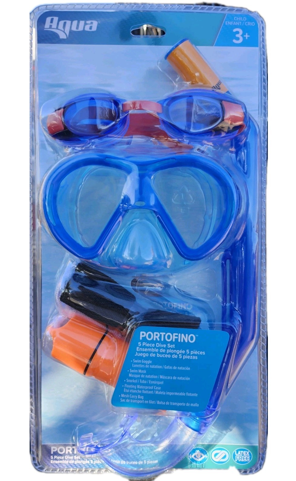 🤿 Aqua Portofino Kids 5-Piece Pool Dive Set Mask Snorkel Goggles Case Blue 3+