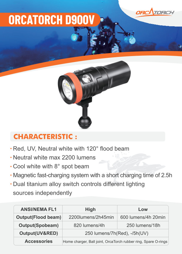 OrcaTorch D900V 2200 Lumens Light – Red, UV, white 120° wide, 8° spot beam