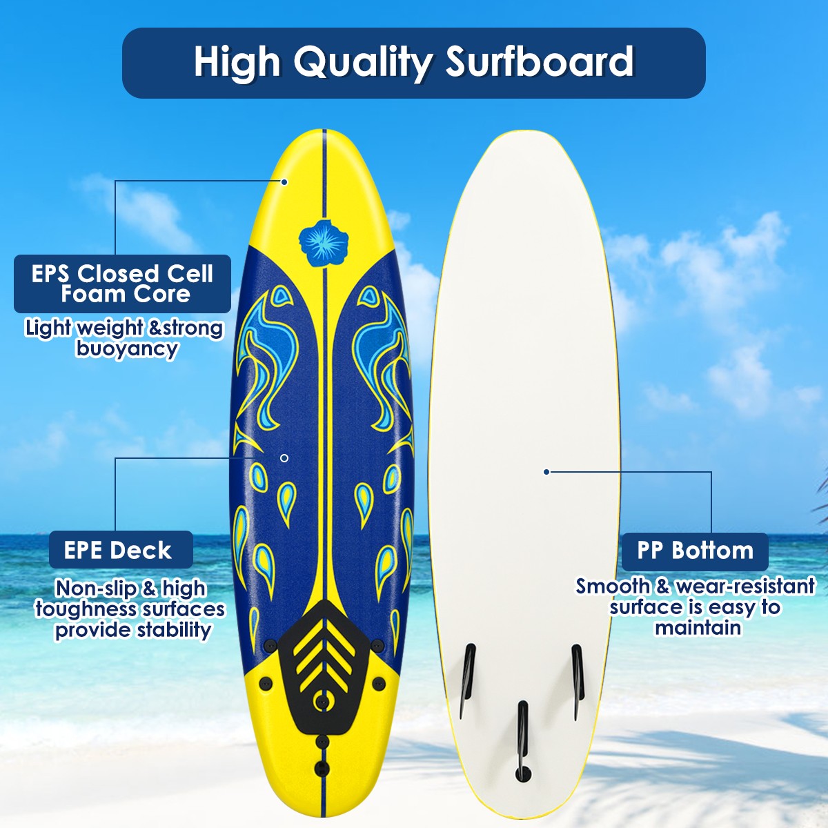 6′ Surfboard Foamie Body Surfing Board W/3 Fins & Leash for Kids Adults Yellow