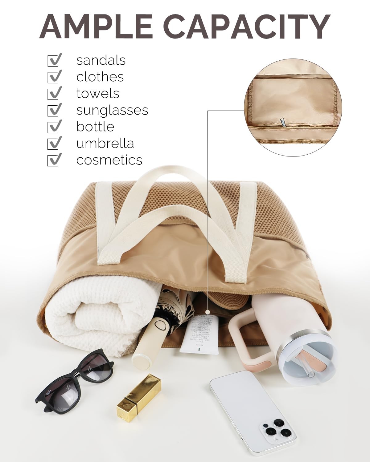 HOMESPON Mesh Beach Bag Sandproof Water Resistant Tote Zipper Medium, Khaki