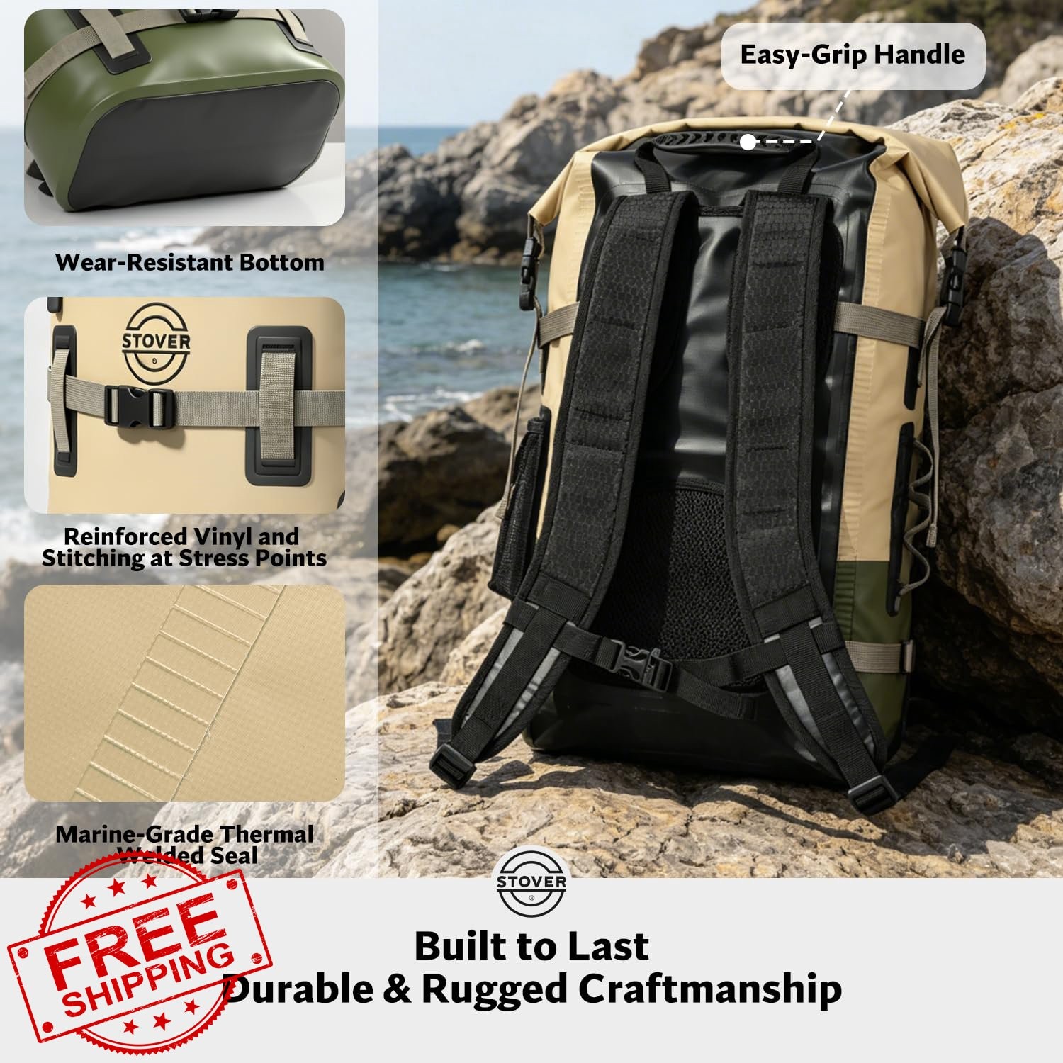 STOVER 30L Waterproof Dry Backpack Tan/Army Green/Brown