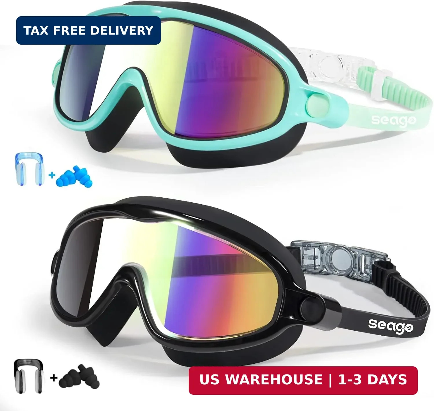 Seago Swim Goggles 2 Pack Anti-Fog Anti-UV Wide View Swimming Goggles for Kids 3