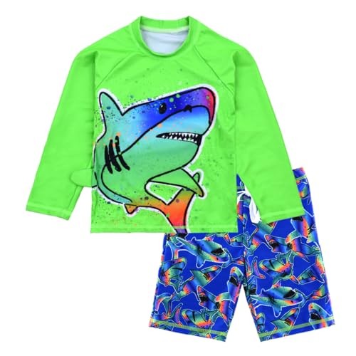Boys UPF 50+ Long Sleeve Rash Guard and Swim Trunks Outfit Set 3-4T Green Shark