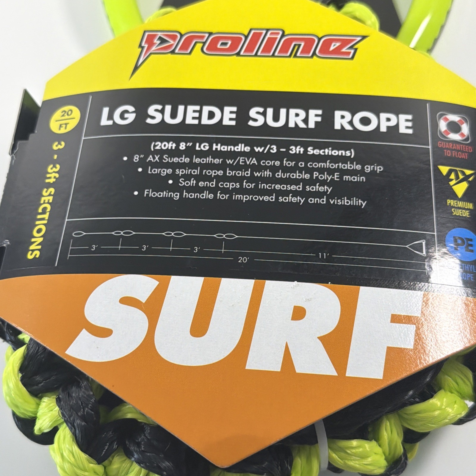 New Proline LG Suede Wake surf Rope Volt Black Yellow 20ft Heavy Handle Boat