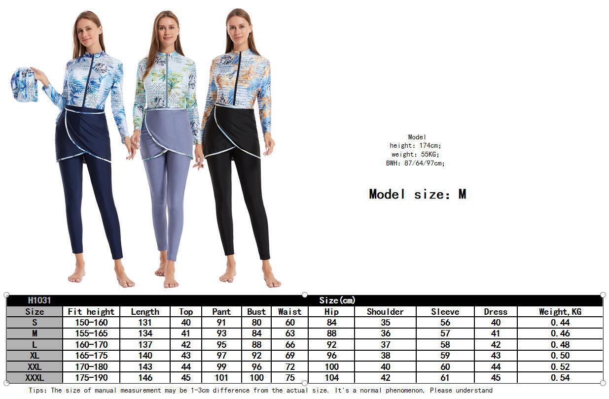 Swimwear Set Women Muslim Printed Elastic One Piece Swimwear Beach 3 Piece Set