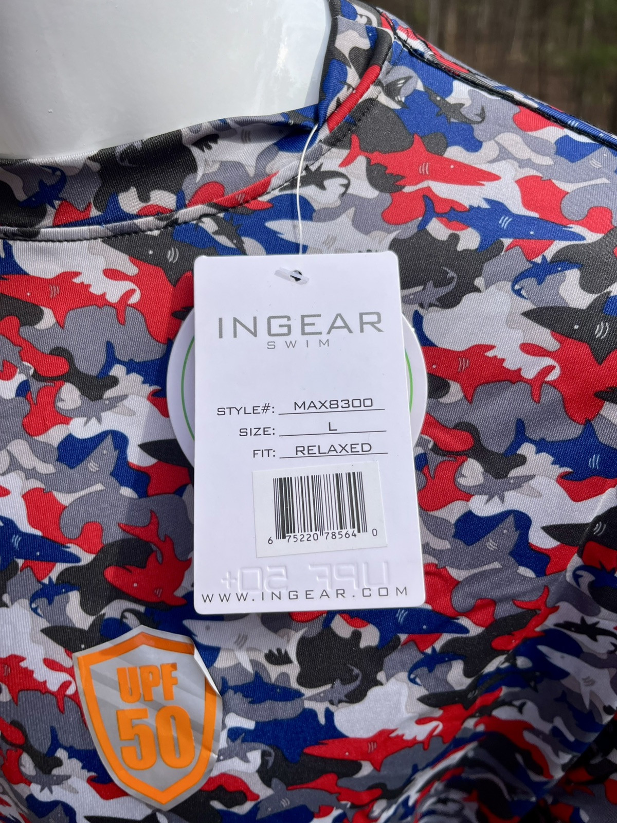 InGear Men’s UPF 50+ Rash Guard – Red, White & Blue Shark Camo Long Sleeve S-3XL