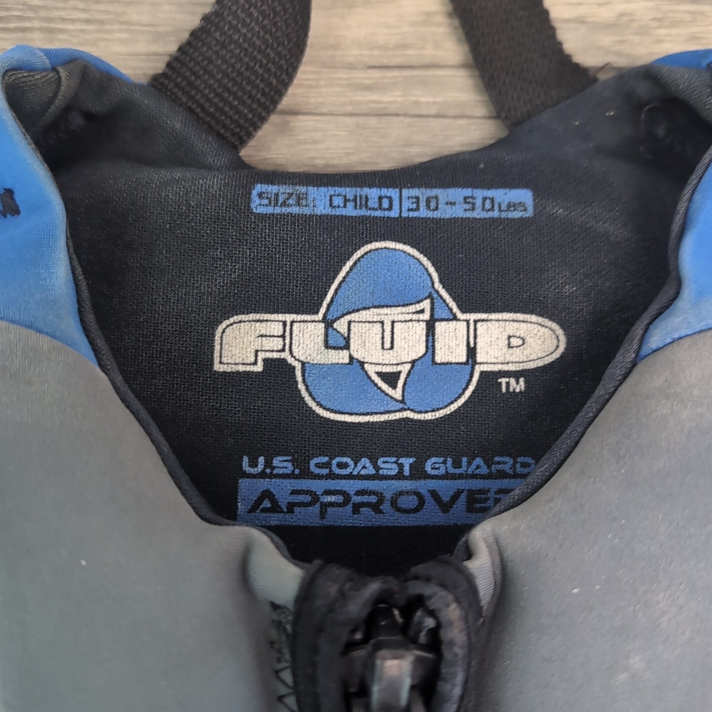 Life Jacket Ski Vest 30-50 Lbs Fluid Type III Blue Gray Black Water Safety