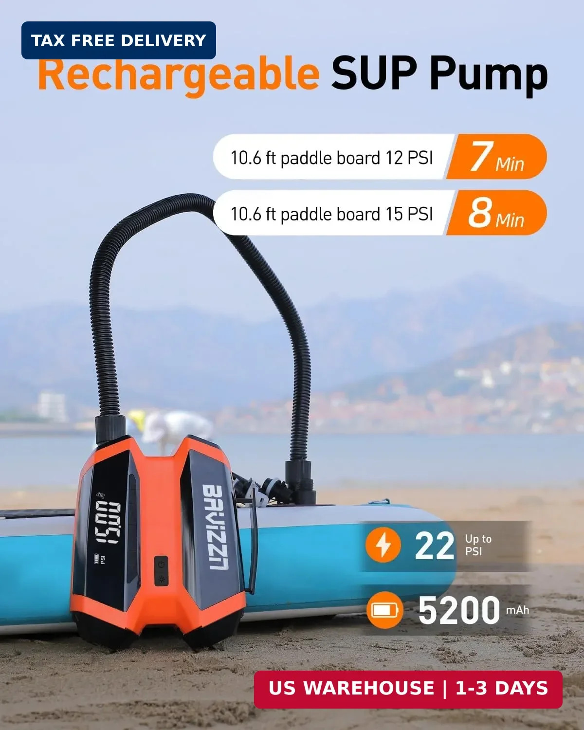 76.96Wh Rechargeable SUP Pump, 22PSI Electric Paddle Board Pump with Auto-Off &