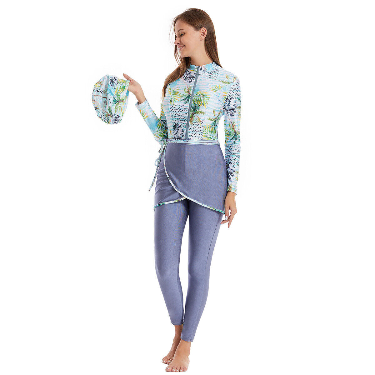 Swimwear Set Women Muslim Printed Elastic One Piece Swimwear Beach 3 Piece Set