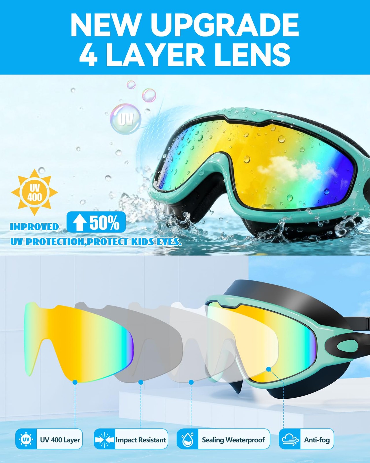 Swimming Goggles for Adult Kids Wide View Anti-Fog UV w/ Earplugs Nose Clips